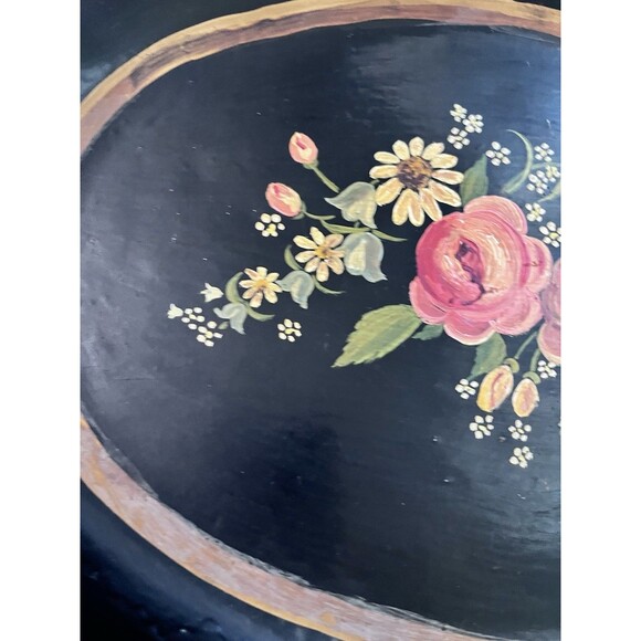 Vintage Large Floral Hand Painted Oval Tole Tray Black Tin Cottage Country Metal - Picture 5 of 7